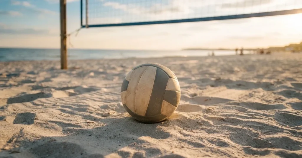 Ein Volleyball liegt auf feinem hellem Sand, ein gespanntes Netz verschwimmt dahinter, das Licht kommt von einem weiten Meer.
