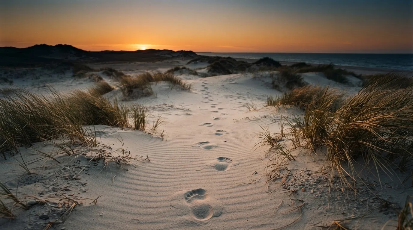 Spuren im Sand führen durch Dünengras auf den Horizont zu, die Sonne steht tief und färbt den Himmel orange.