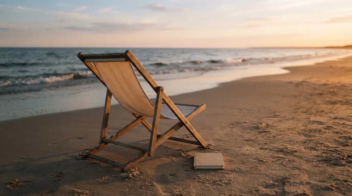 Ein leerer Liegestuhl aus Holz steht am Rand eines Sandstrands, Abendlicht und ruhige Wellen im Hintergrund.