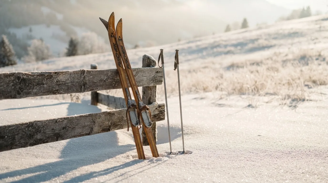 Ein Paar Langlaufskier steckt aufrecht im Schnee neben einem Holzzaun, die Sonne glitzert auf Eiskristallen.