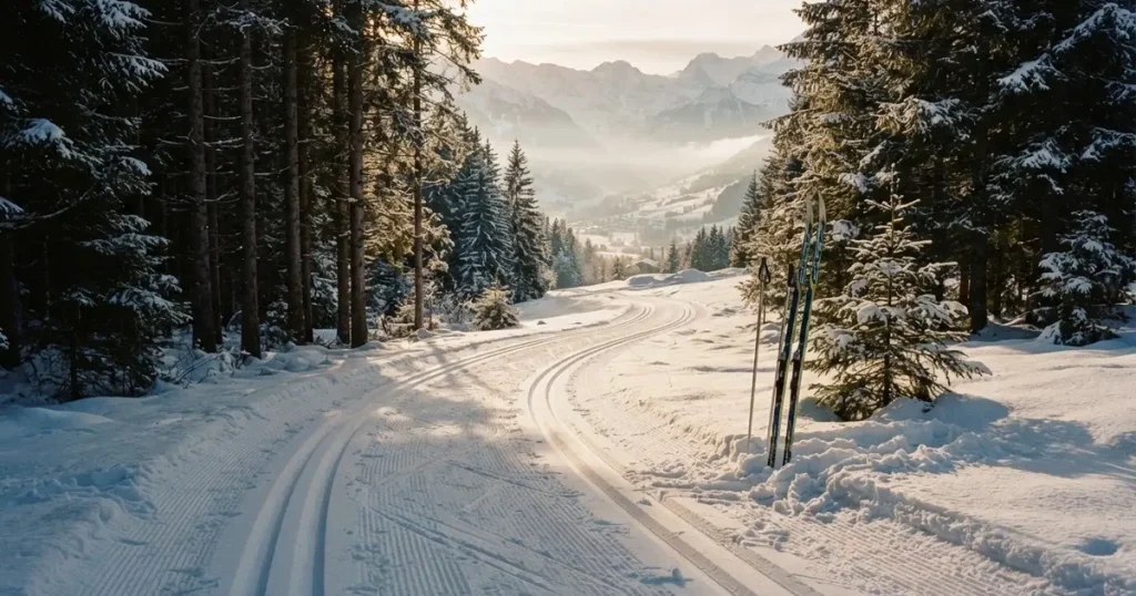 Eine verschneite Langlaufloipe führt durch Tannenwald im Morgenlicht, frische Spuren im Schnee, dahinter Berge im Dunst.