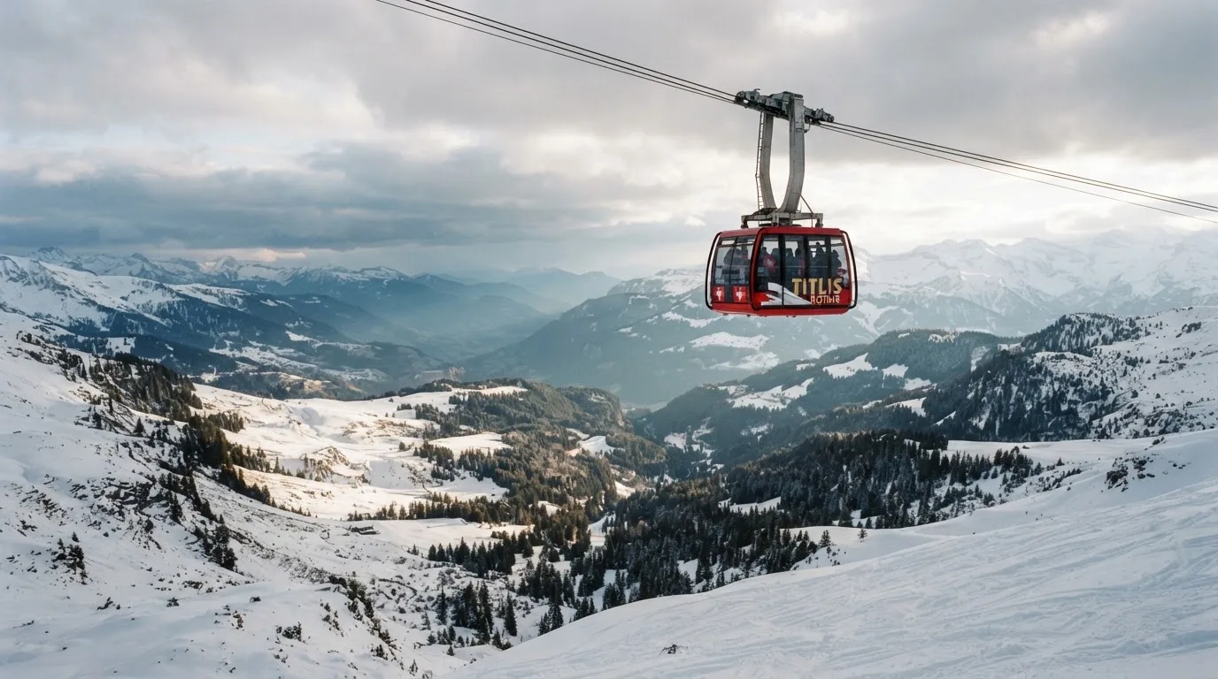Eine Seilbahnkabine schwebt über einem verschneiten Tal, die Sonne bricht durch die Wolken und beleuchtet die Hänge.
