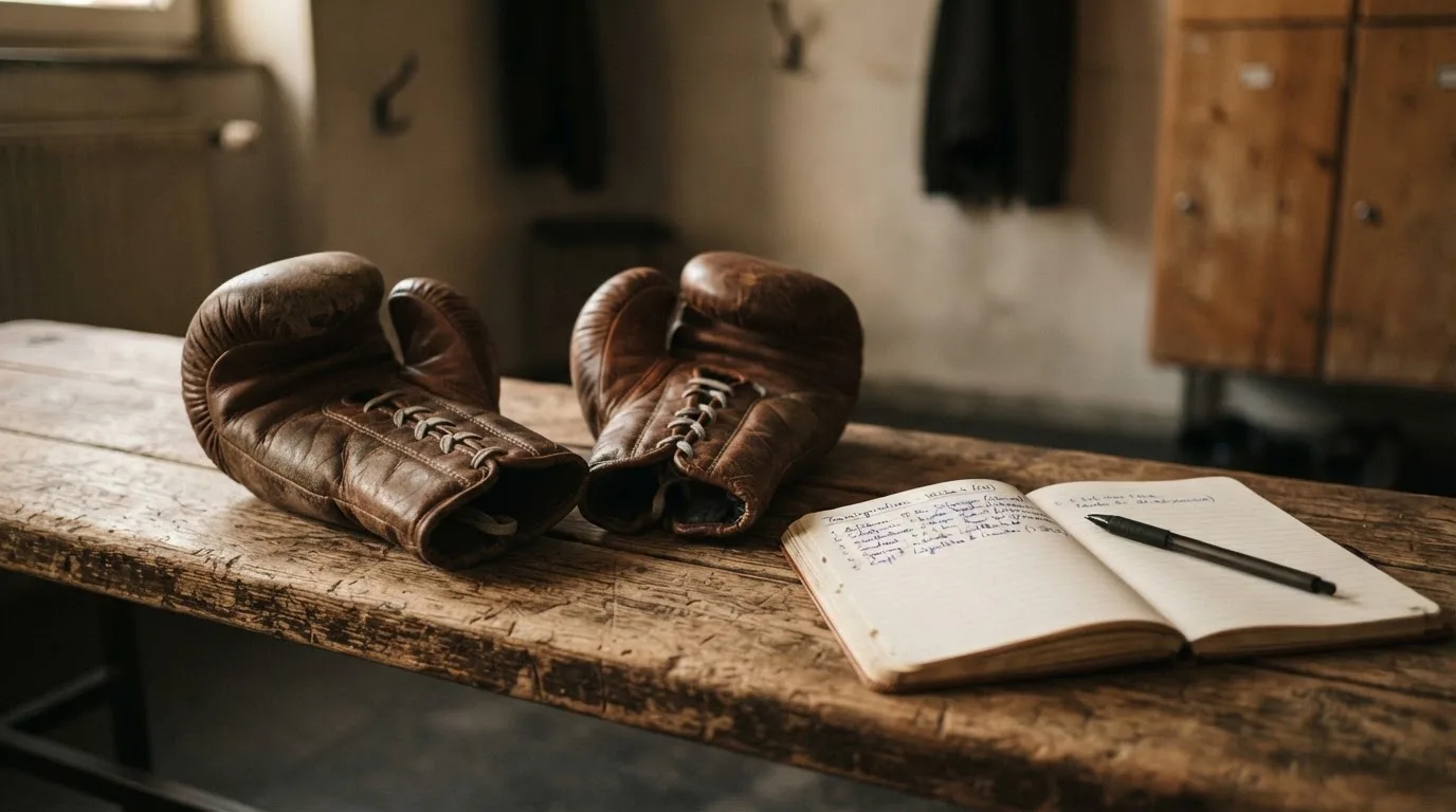 Ein Paar Boxhandschuhe aus Leder liegt auf einer Holzbank neben einem Notizbuch mit handgeschriebenen Zeilen, warmes Fensterlicht