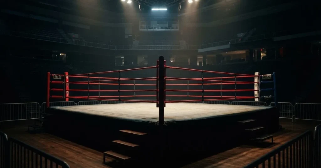 Ein leerer Boxring mit gespannten Seilen unter hellem Hallenlicht, dahinter ansteigende Zuschauerränge in einer grossen dunklen Halle