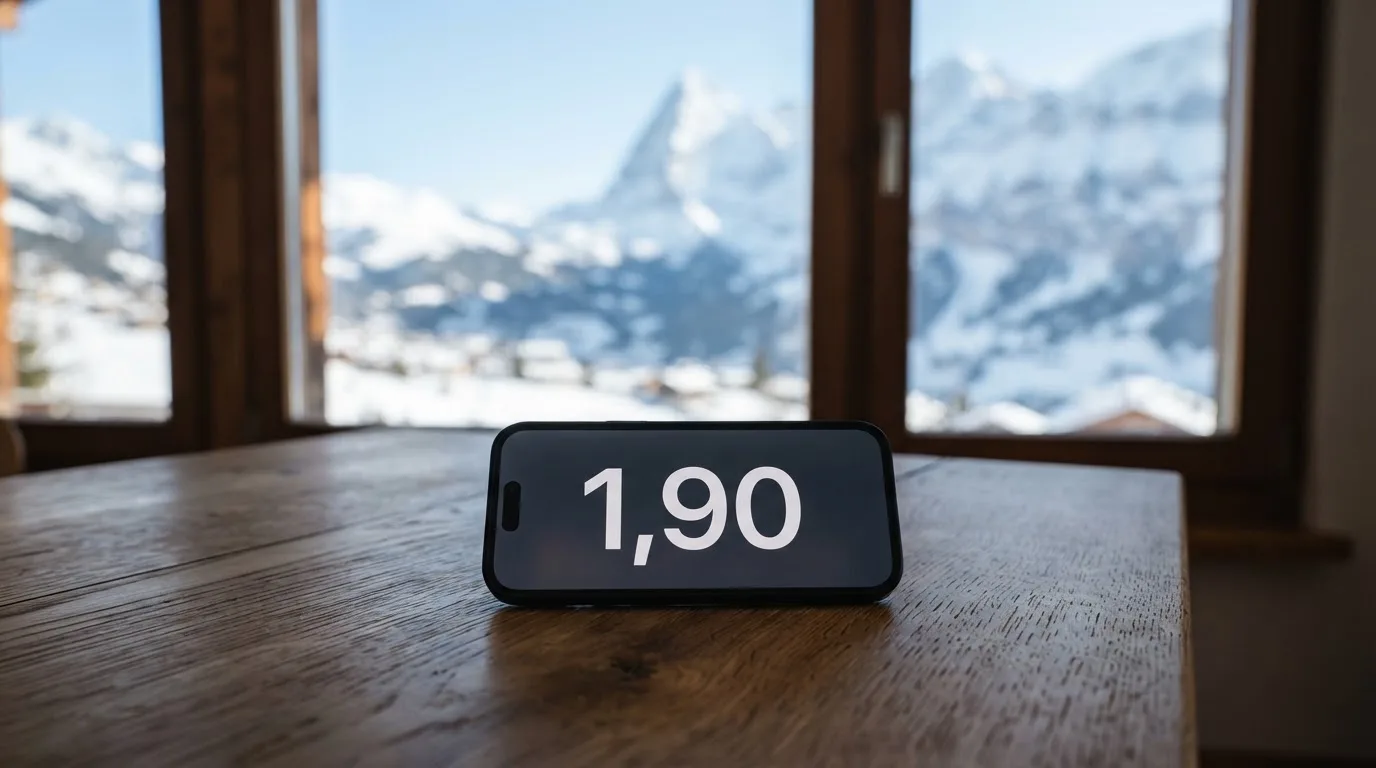 Ein Smartphone mit dunklem Bildschirm liegt auf einem Holztisch vor einem Fenster mit Blick auf schneebedeckte Gipfel