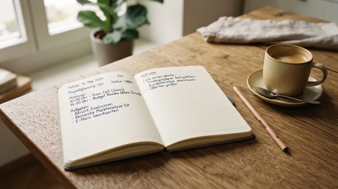 Ein aufgeschlagenes Notizbuch mit handgeschriebenen Spalten und ein Bleistift neben einer Tasse Kaffee auf einem Holztisch am Morgen