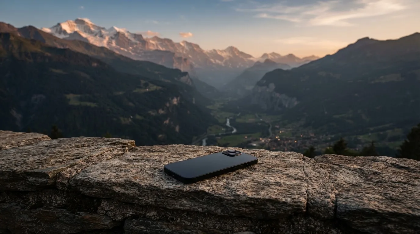 Ein Smartphone mit dunklem Display liegt auf einer Steinmauer, dahinter ein Alpental im Abendlicht