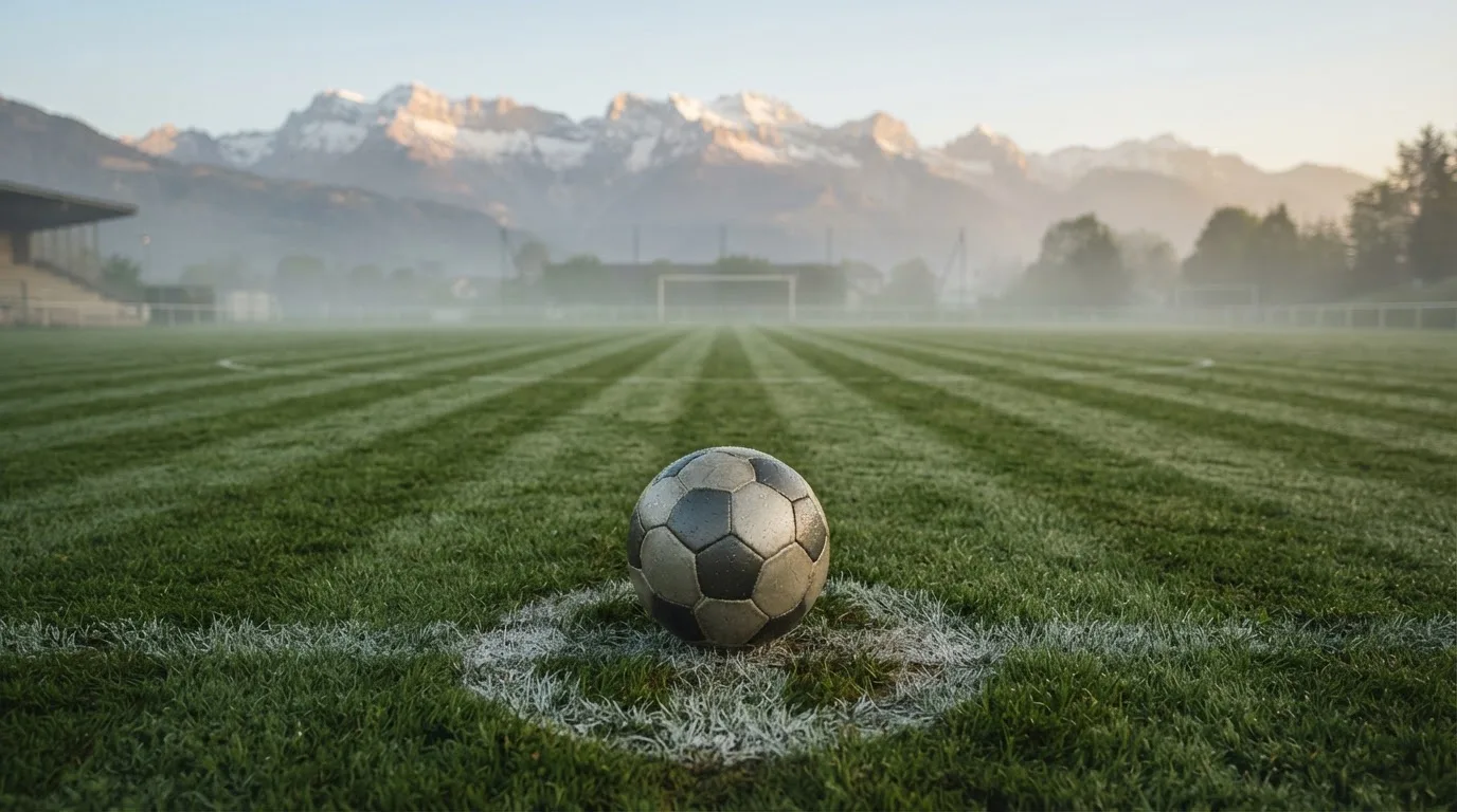 Ein einzelner Fussball auf dem Mittelpunkt eines leeren Rasens im Morgennebel, hinter dem Tor ragen Berge auf