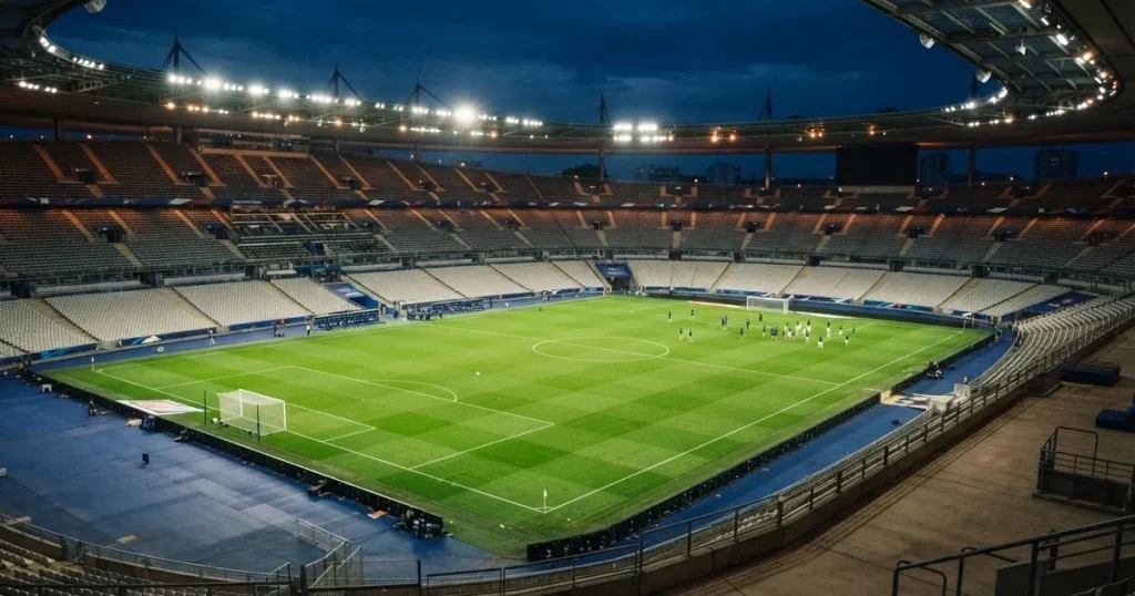 Ein Fussballstadion bei Flutlicht von einer Anhöhe aus gesehen, der Rasen leuchtet grün unter dunklem Abendhimmel