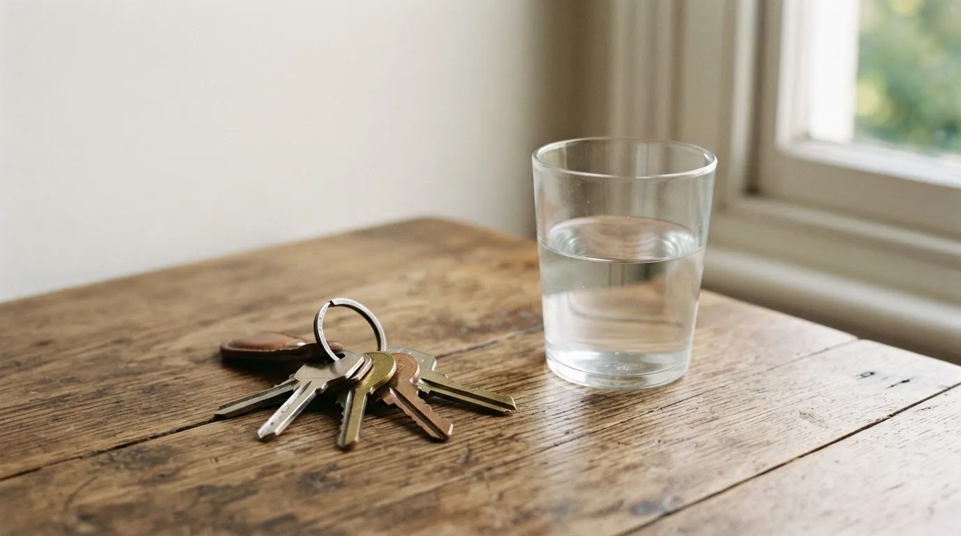 Ein Schlüsselbund und ein Glas Wasser stehen auf einem Holztisch im Licht eines Fensters