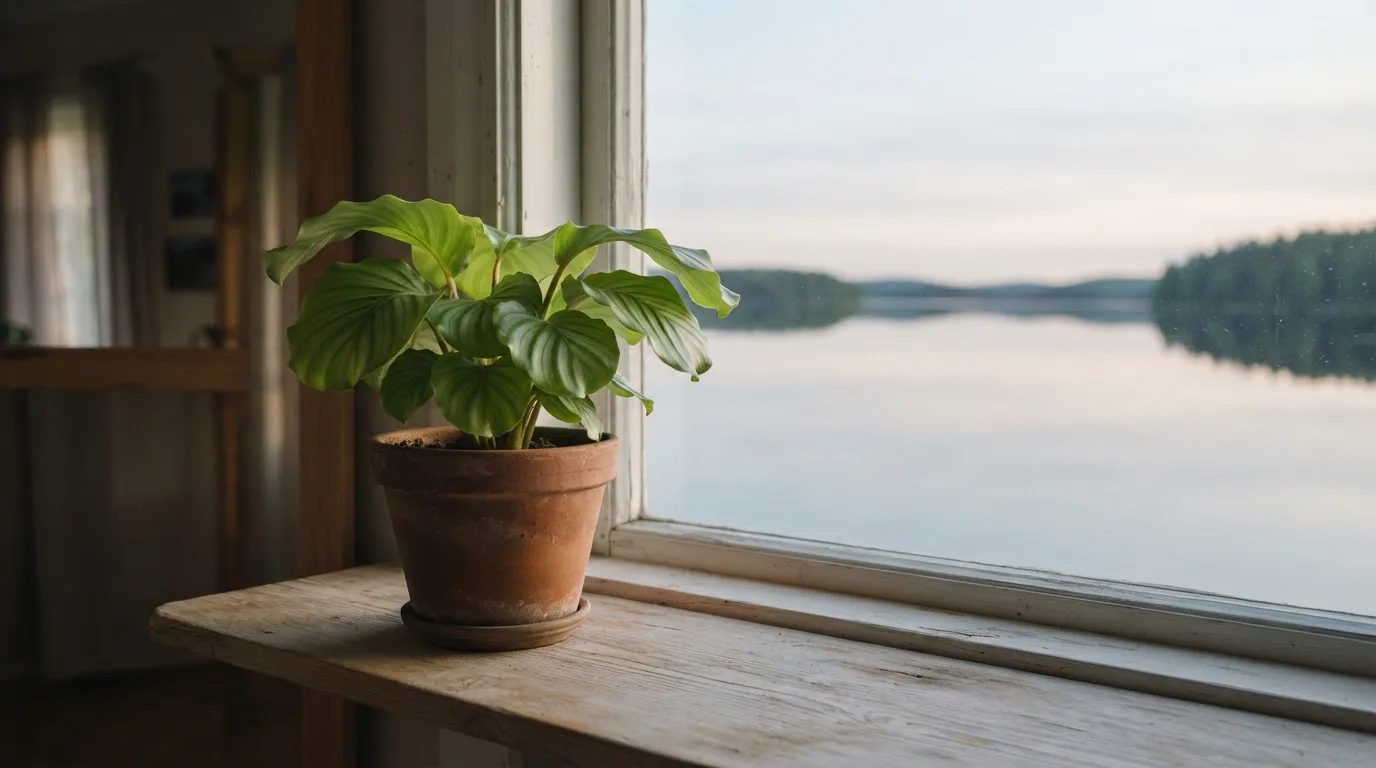 Eine Topfpflanze auf einem Fensterbrett mit weitem Blick über einen stillen See am Morgen