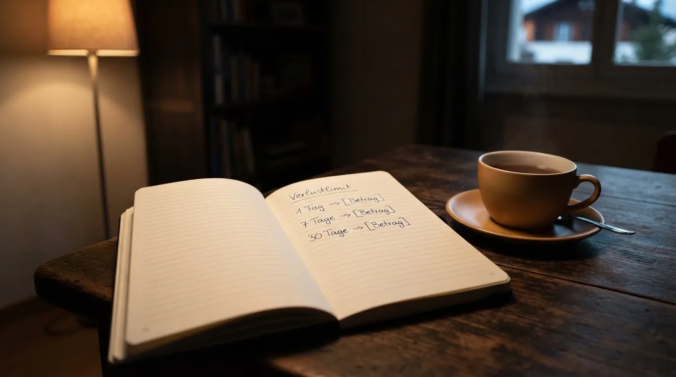 Ein Notizbuch mit handschriftlichen Einträgen und eine Tasse Tee stehen auf einem Tisch neben einer Stehlampe