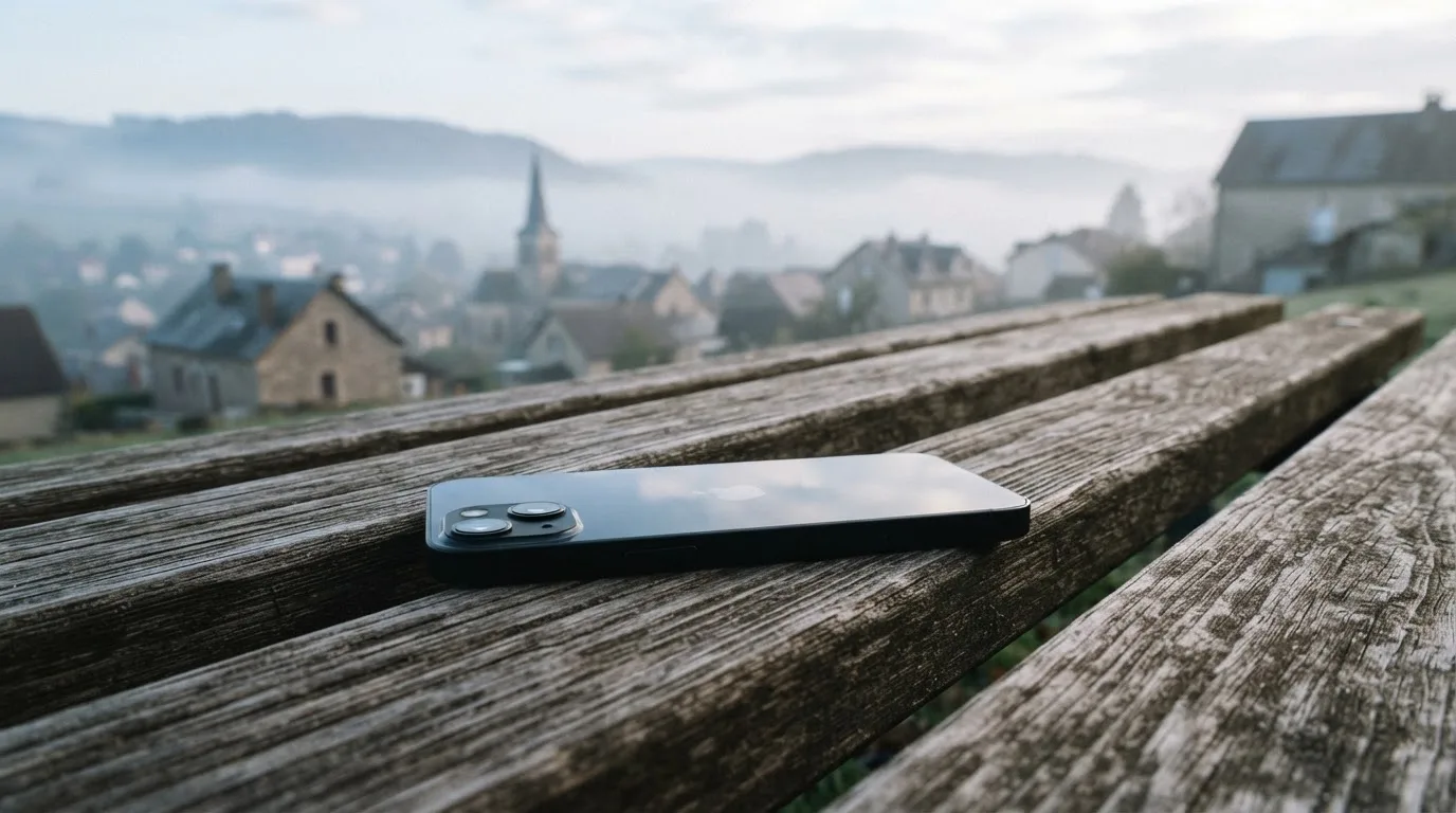Ein Smartphone mit dunklem Display liegt auf einer Parkbank, dahinter ein Schweizer Dorf mit Kirchturm im Dunst