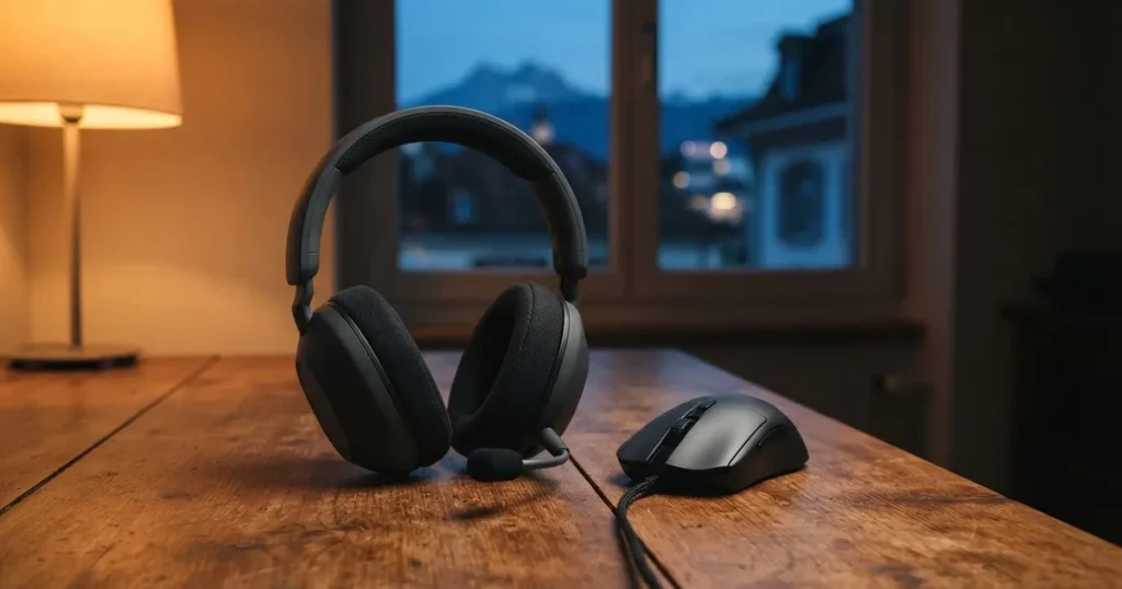 Ein Headset und eine Computermaus liegen auf einem Holzschreibtisch neben einer Tischlampe, draussen ist es Abend