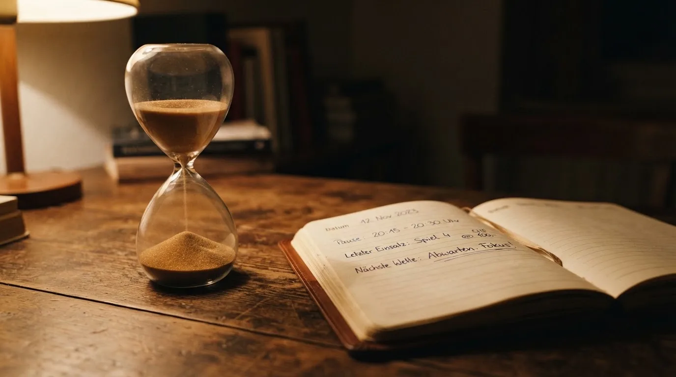Eine Sanduhr steht auf einem Schreibtisch neben einem Notizbuch mit handschriftlichen Einträgen im Licht einer Lampe