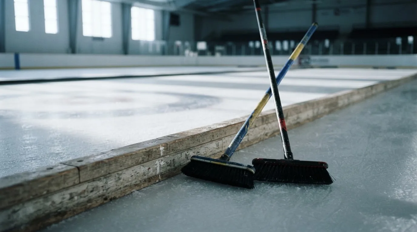 Zwei Curlingbesen lehnen an einer Bande am Rand einer leeren Eisfläche, kaltes Licht fällt durch hohe Fenster