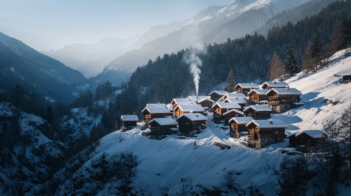 Ein Bergdorf im Schnee am Morgen aus der Ferne gesehen, aus einem Kamin steigt Rauch auf