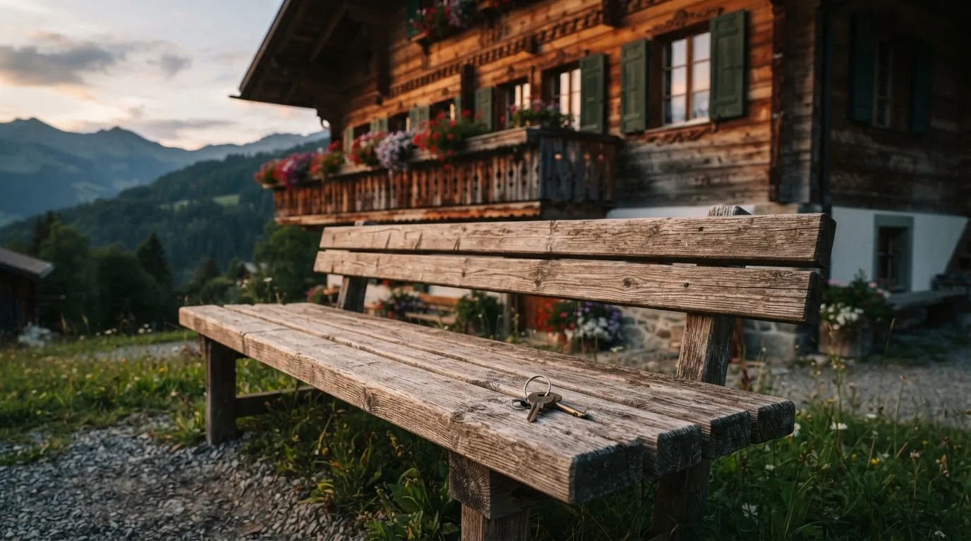 Eine Holzbank steht vor einem Chalet im Abendlicht, ein Schlüsselbund liegt darauf