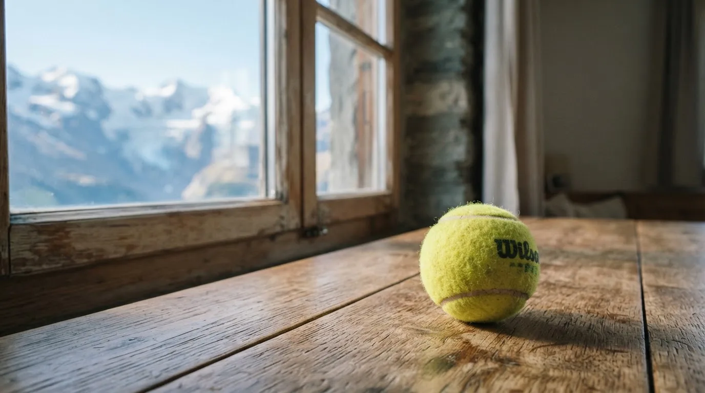 Ein einzelner gelber Tennisball liegt auf einem Holztisch vor einem Fenster mit Alpenblick