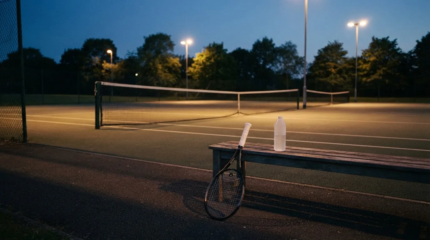 Ein Tennisschläger lehnt an einer Bank neben einer Wasserflasche, am Abend ruht der Platz im Flutlicht, aus der Ferne gesehen
