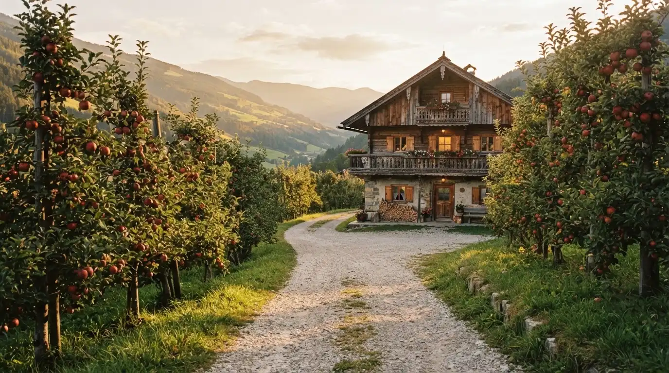 Ein Kiesweg führt durch einen Obstgarten zu einem Bauernhaus mit Holzbalkon, über dem Tal liegt Abendlicht