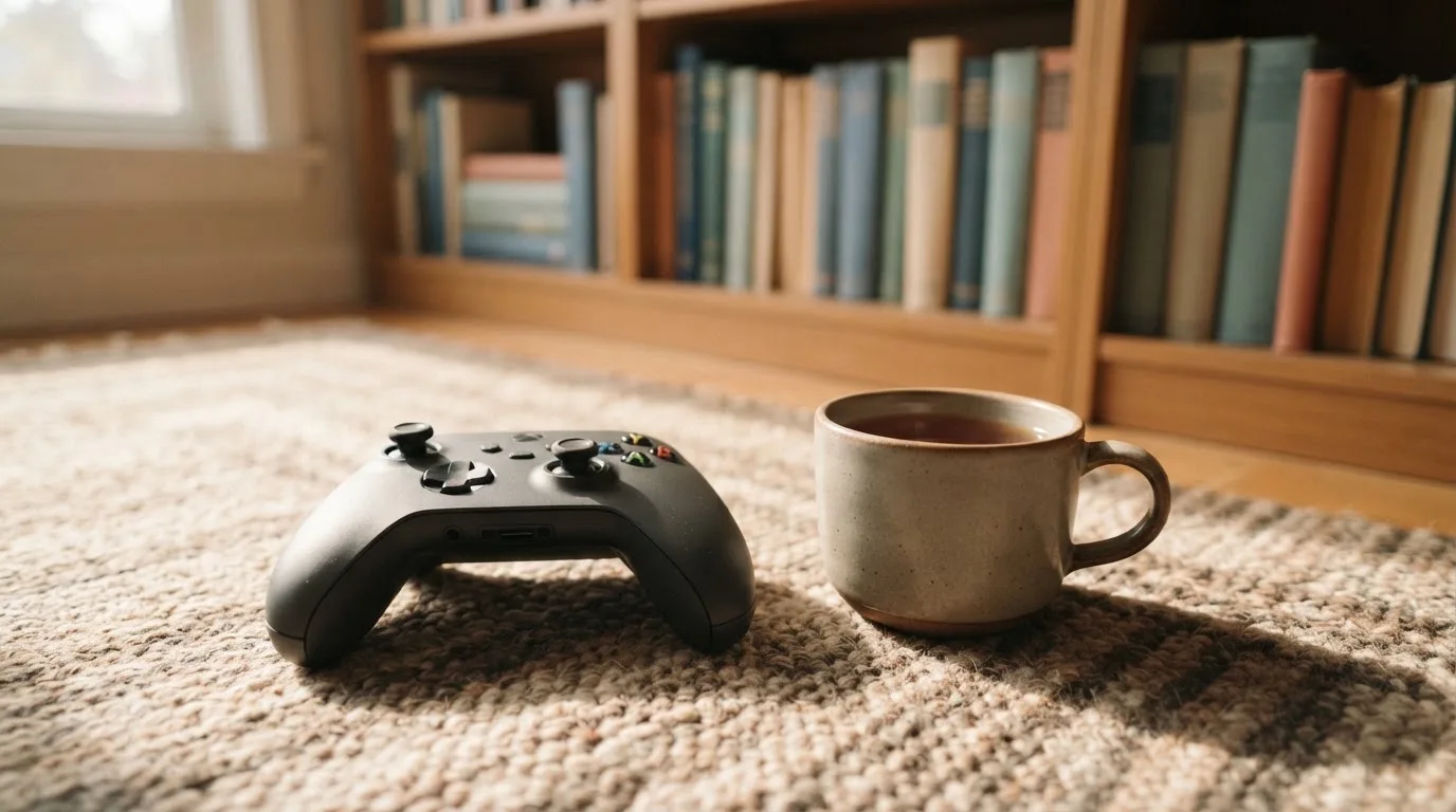 Ein Spielcontroller liegt auf einem Teppich neben einer Tasse, im Hintergrund ein Regal mit Büchern
