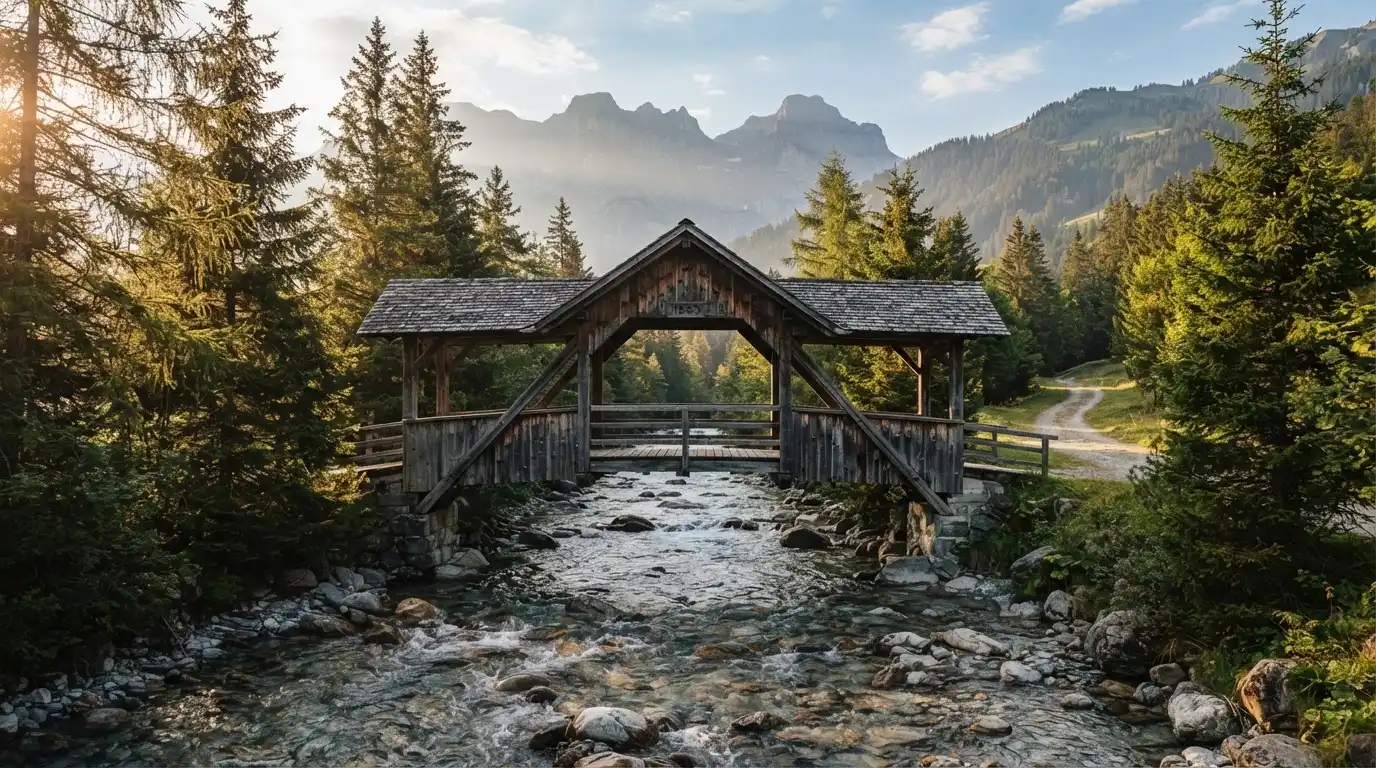 Eine alte Holzbrücke führt über einen Bergbach im Morgenlicht, Tannen säumen das Ufer