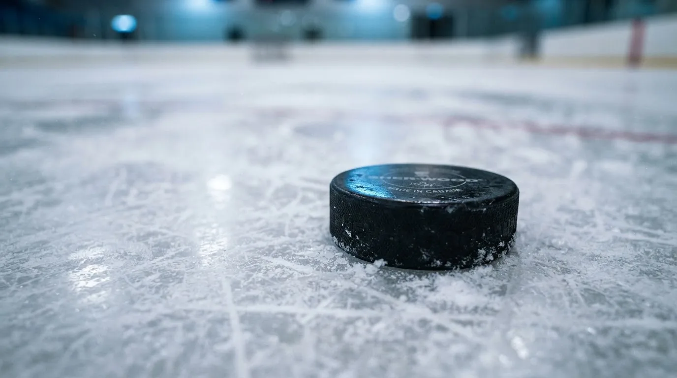 Ein Eishockeypuck liegt auf einer Eisfläche mit Kratzspuren, Nahaufnahme mit kühlen Reflexen