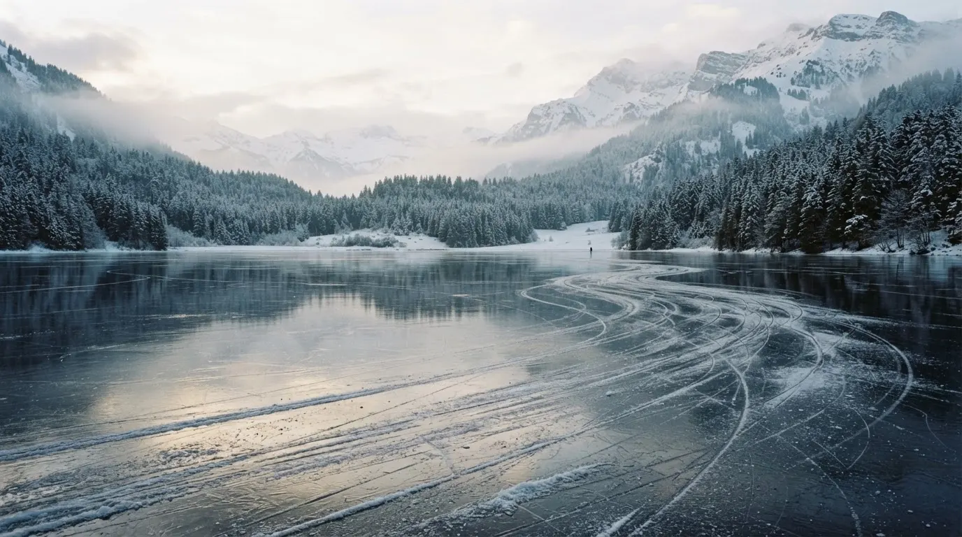 Ein zugefrorener Bergsee mit Spuren von Schlittschuhen am Morgen, dahinter ein verschneiter Wald