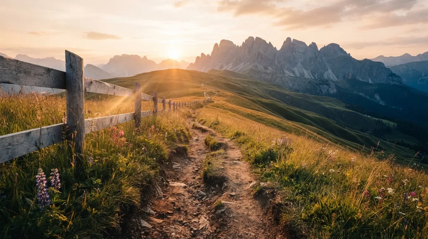 Ein Wanderweg führt durch eine Almwiese im Sonnenuntergang, am Wegrand steht ein Holzzaun