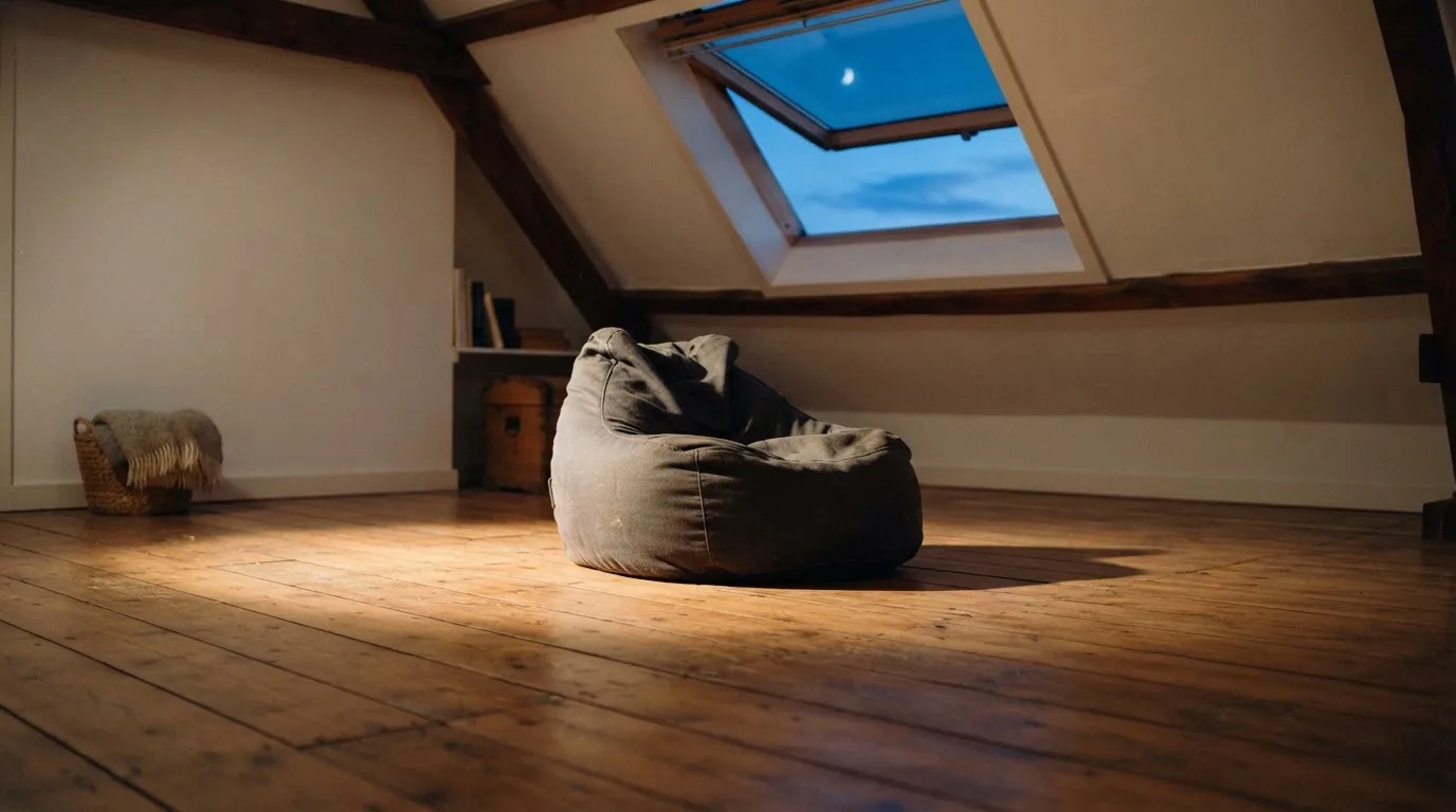 Ein leerer Sitzsack steht in einem Zimmer mit Dachfenster, Abendlicht fällt auf den Holzboden