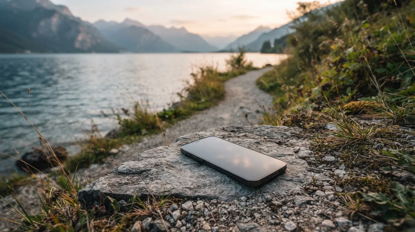 Ein schmaler Wanderweg führt am Seeufer entlang, auf einem Stein liegt ein Smartphone mit dunklem Display