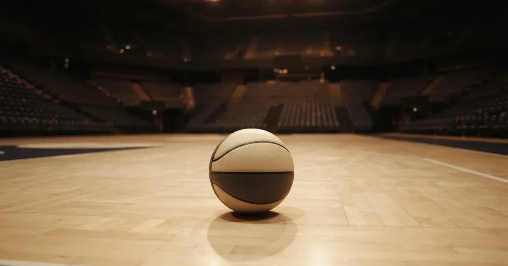 Ein Basketball liegt auf dem hellen Parkett einer leeren Halle, im Hintergrund steigen die Tribünenreihen im Halbdunkel an.