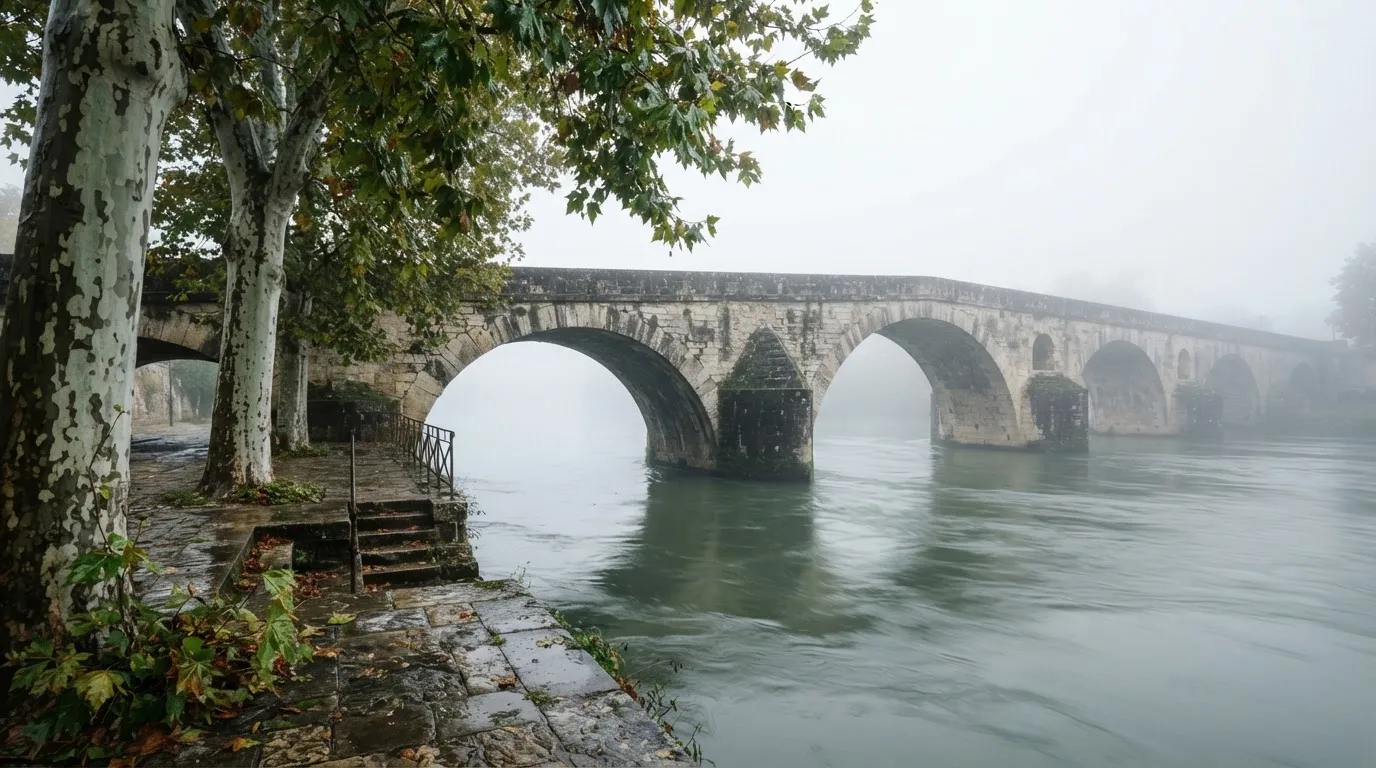 Ein breiter Fluss fliesst unter einer Steinbrücke im Nebel, am Ufer stehen Platanen mit nassen Blättern.