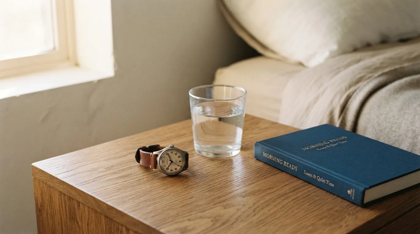 Eine Armbanduhr und ein Wasserglas stehen auf einem Nachttisch im ersten Morgenlicht, daneben ein zugeklapptes Buch.