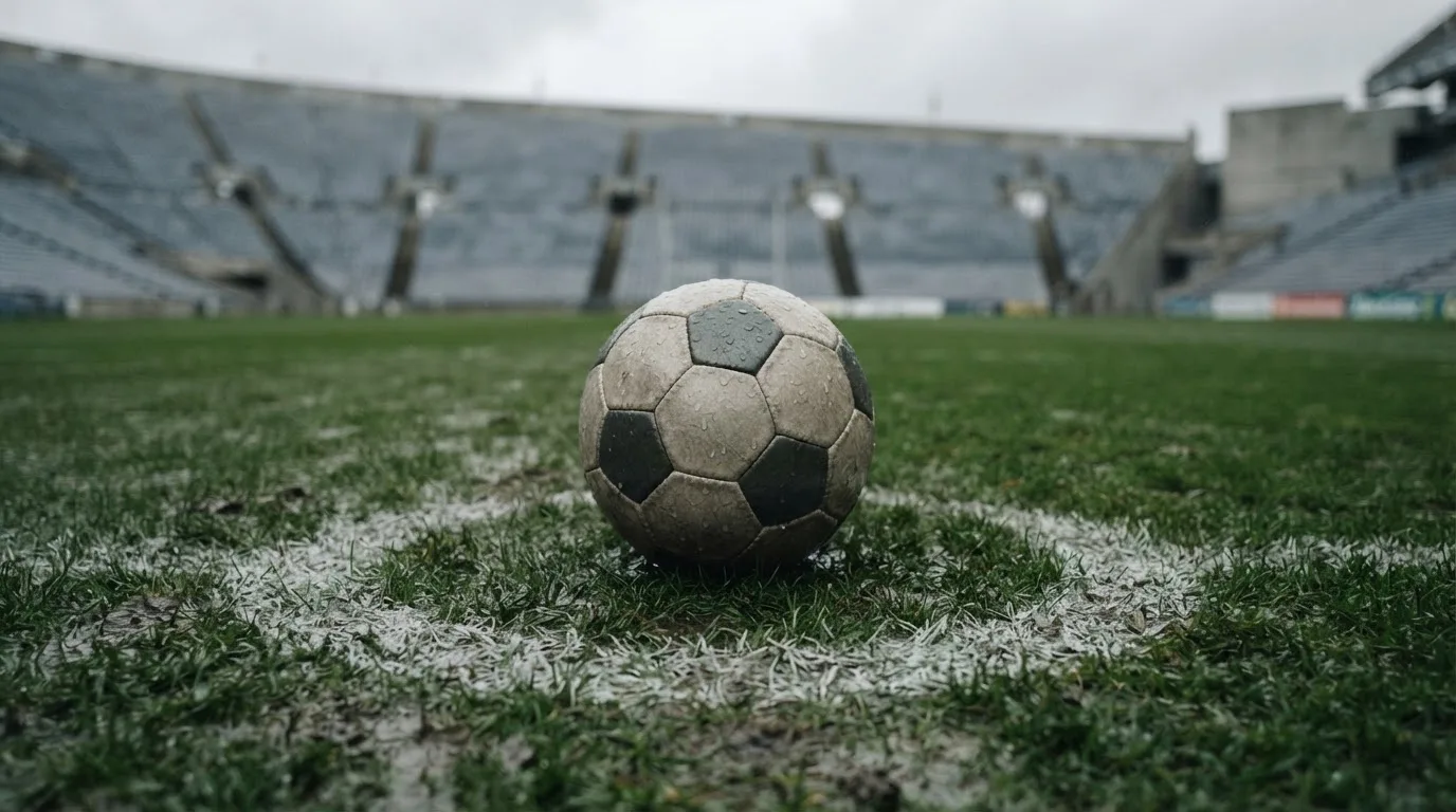 Ein Fussball liegt auf dem Anstosspunkt eines nassen Rasens, dahinter eine leere Tribüne unter grauem Himmel.