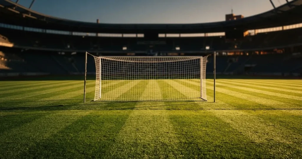 Ein Fussballtor mit weissem Netz steht auf frisch gemähtem Rasen, die hellen und dunklen Streifen im Gras leuchten im Gegenlicht.