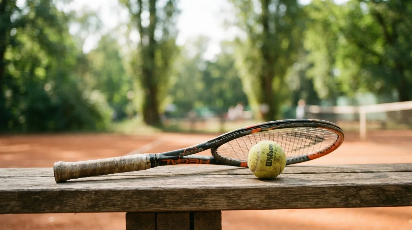 Ein Tennisball und ein Schläger ruhen auf einer Holzbank am Spielfeldrand, im Hintergrund hohe Bäume im Sommerlicht.