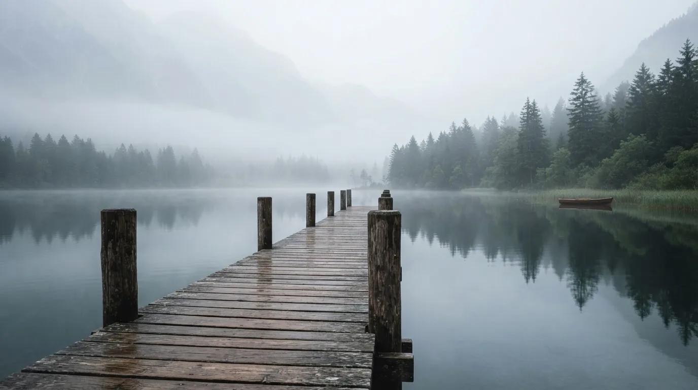 Ein Holzsteg führt über einen ruhigen Bergsee im Nebel, am anderen Ufer stehen dunkle Tannen.