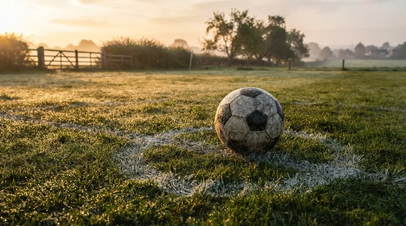 Ein Fussball liegt im Tau auf der Mittellinie eines Dorfplatzes bei Sonnenaufgang, der Rasen glitzert.