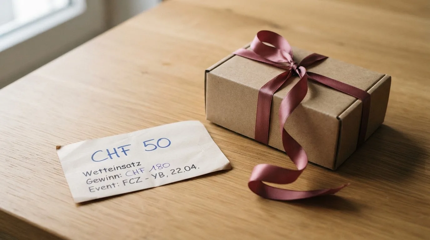 Ein Geschenkband liegt lose auf einem leeren Holztisch neben einer geschlossenen Schachtel aus Karton.