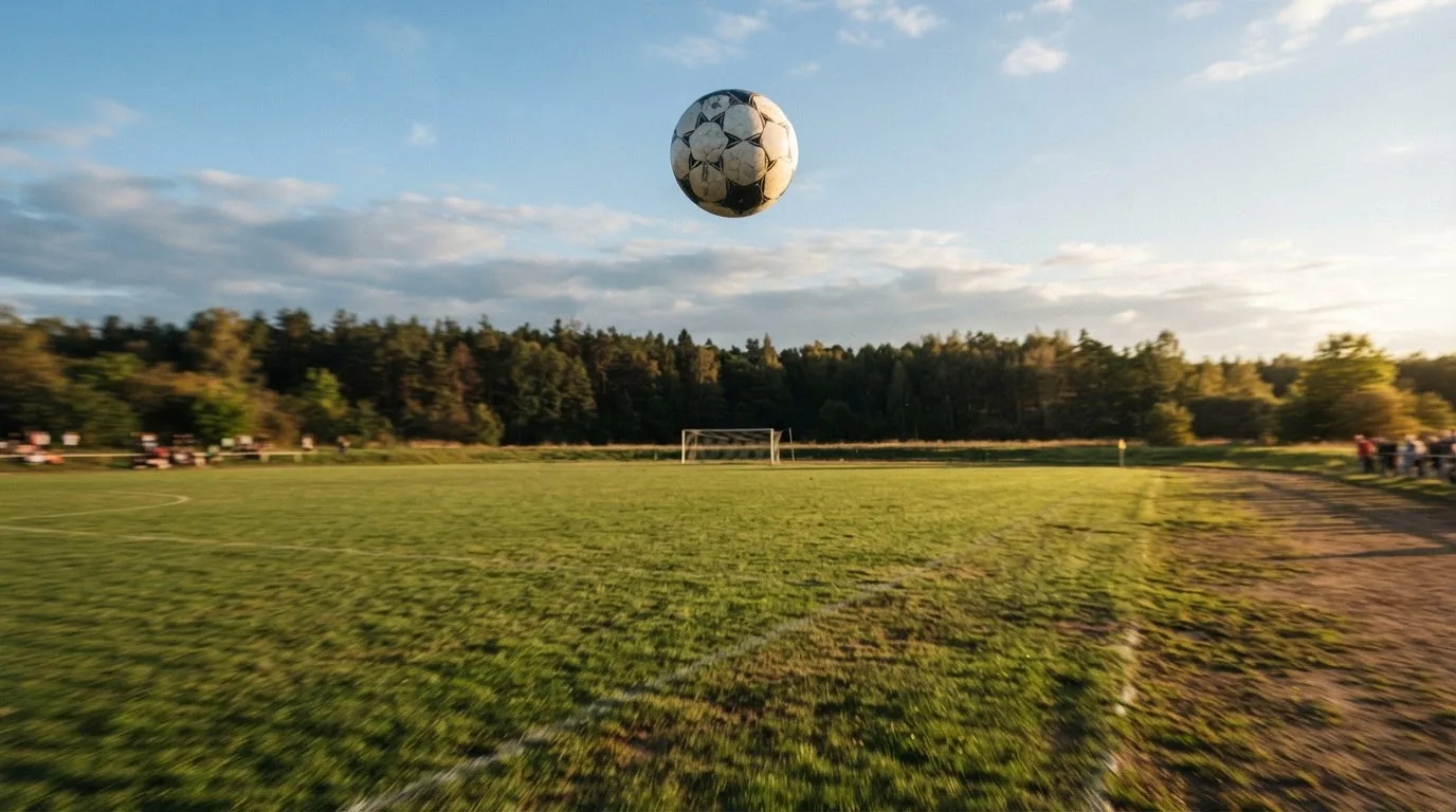 Ein Ball fliegt in hohem Bogen über einen Rasenplatz, im Hintergrund ein Waldrand, das Gras zeigt Bewegungsunschärfe.