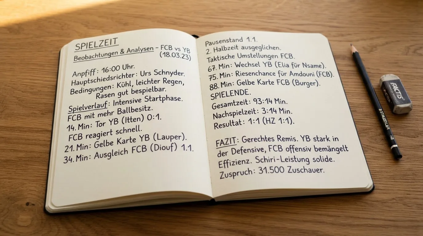 Ein Notizbuch liegt aufgeschlagen neben Bleistift und Radiergummi auf einem Schreibtisch, die Seiten sind handschriftlich gefüllt.