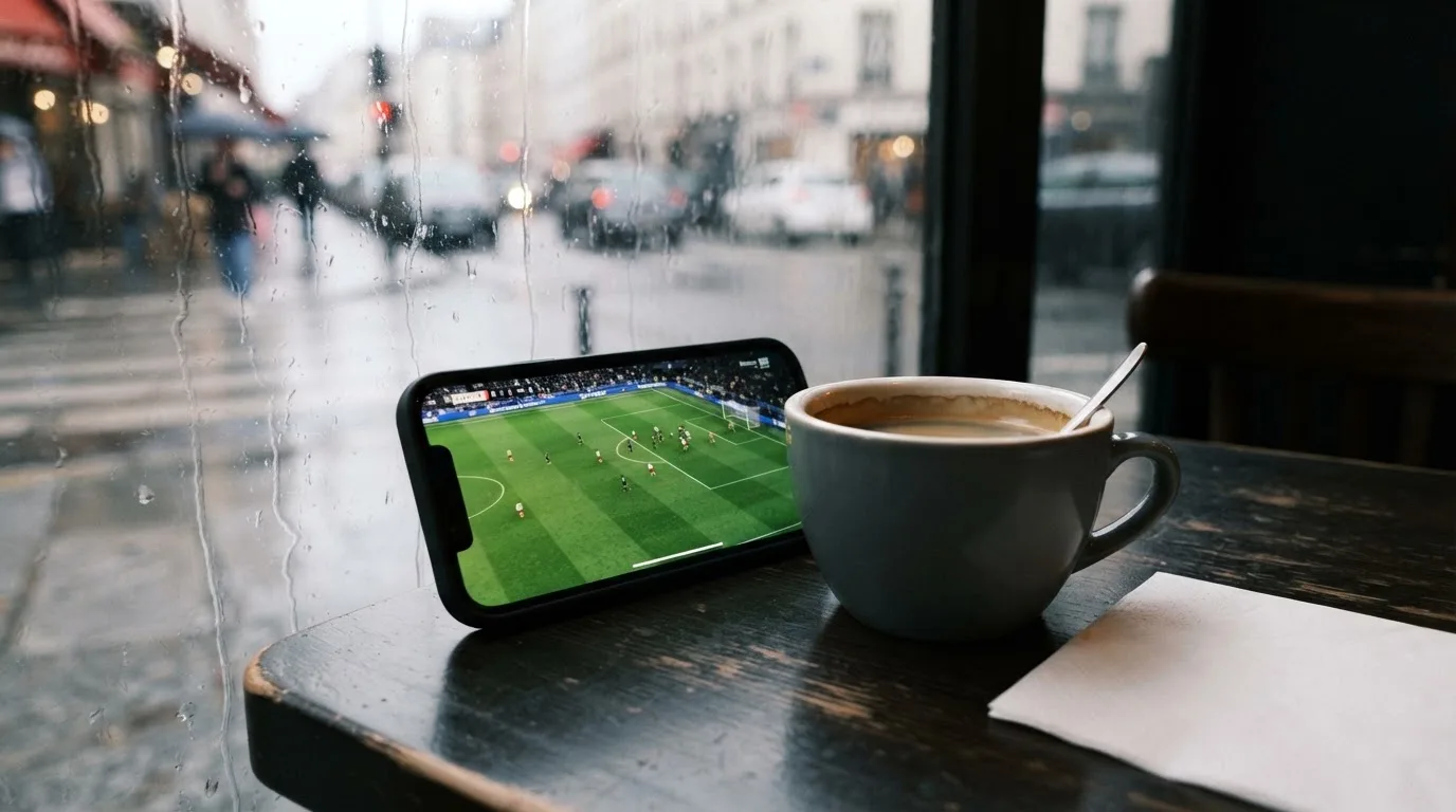 Ein Smartphone mit dunklem Display lehnt an einer Kaffeetasse auf einem Caféhaustisch, draussen regnet es.
