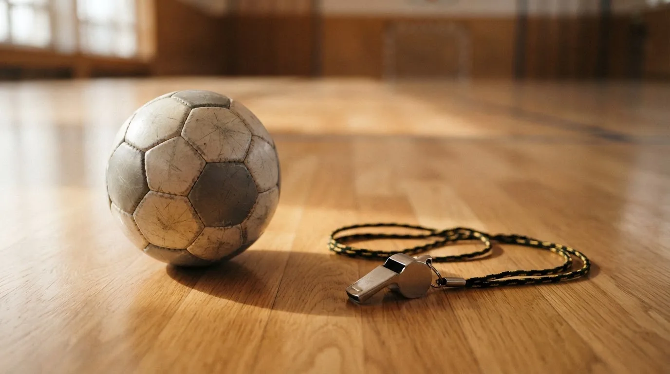 Ein kleiner, schwerer Ball liegt auf glattem Hallenparkett neben einer Trillerpfeife an einer Schnur.