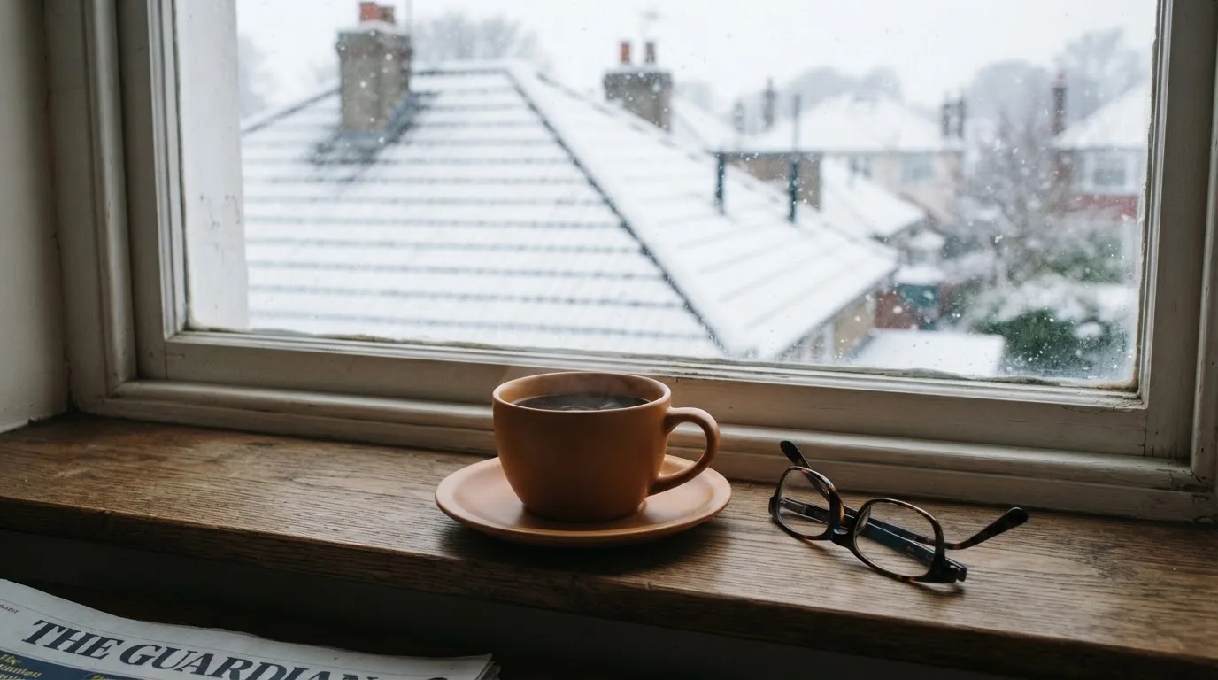 Eine Kaffeetasse und eine Brille stehen auf einem Fensterbrett, draussen fällt Schnee auf ein Dach.