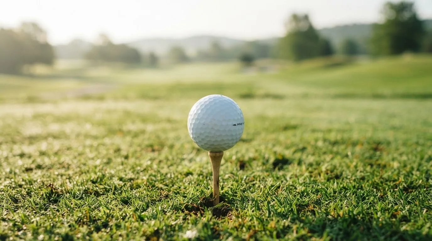 Ein Golfball liegt auf einem Holztee im Gras, scharf im Vordergrund, dahinter verschwimmt eine weite Wiese.