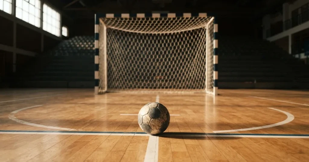 Ein Tor mit dicht gespanntem Netz steht in einer grossen Halle, davor liegt ein Handball auf der Torraumlinie.