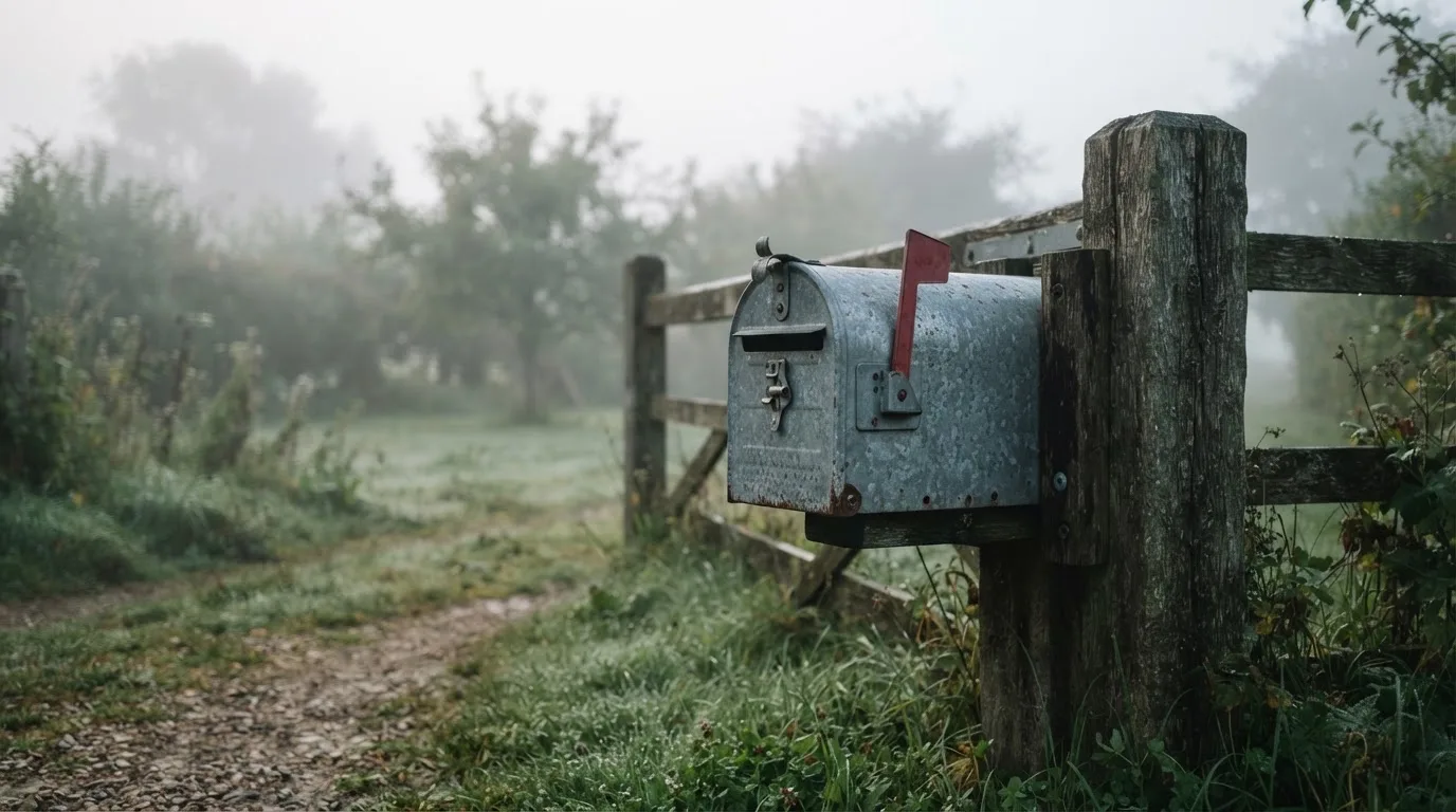 Ein Briefkasten aus Metall hängt an einem Holzzaun, dahinter liegt ein Garten im Morgennebel.