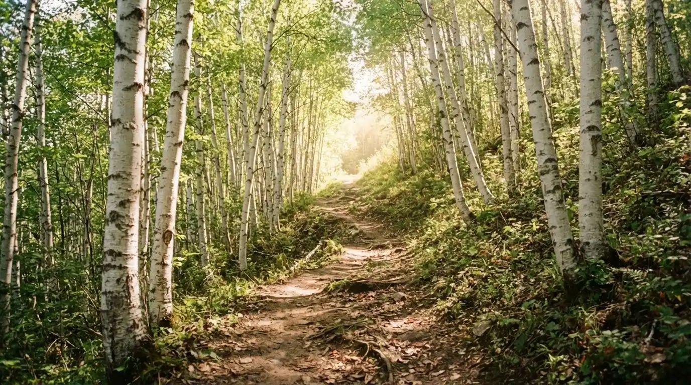 Ein Wanderweg führt zwischen hellen Birken bergauf, Sonnenstrahlen fallen durch das Laub auf den Boden.
